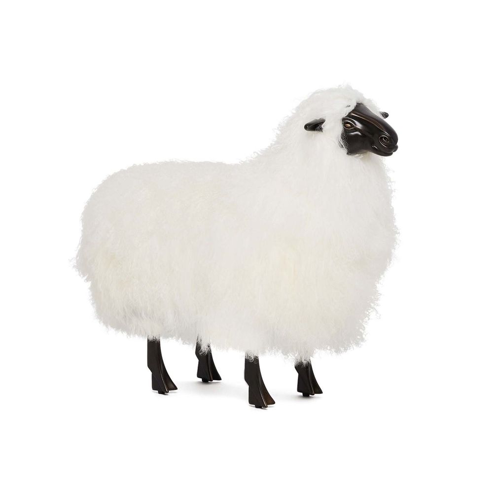 Alternate view of Lucie Baby Sheep, featuring fluffy natural fleece, sheepskin, wool, and a freestanding sculptural base.