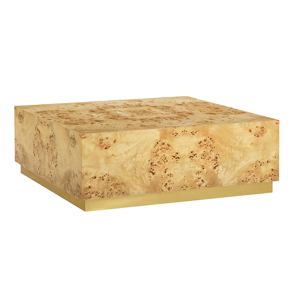 Anaheim Coffee Table, shown in honey beige and warm tan with mappa burl wood veneer, metal, and fixed solid plinth base.