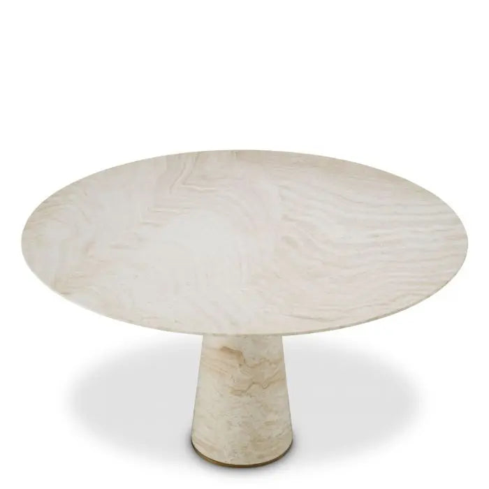 Alternate view of Dining Table Genova Travertine Brushed Brass Finish in cream and warm beige.