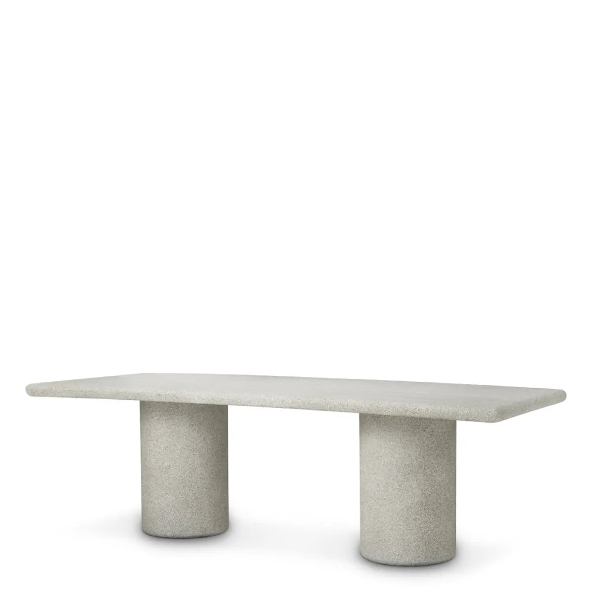 Outdoor Dining Table Cloverdale Grey Stone Texture, shown in light grey and greige with cast stone and concrete composite.