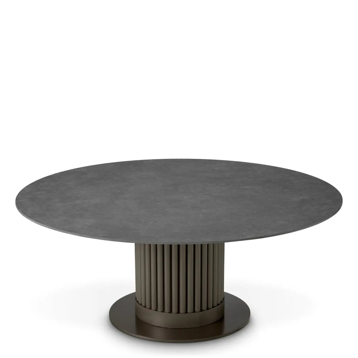 Outdoor Coffee Table Volterra Round Bronze Finish Grey Ceramic, shown in grey and bronze-brown with ceramic and metal.