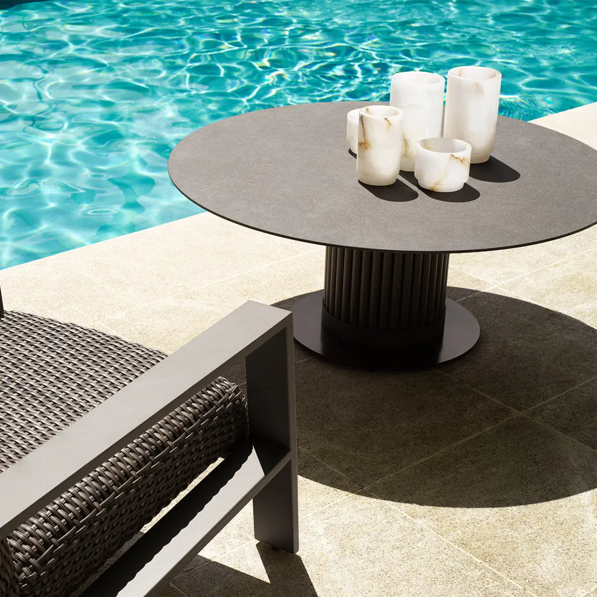 Alternate view of Outdoor Coffee Table Volterra Round Bronze Finish Grey Ceramic in grey and bronze-brown.