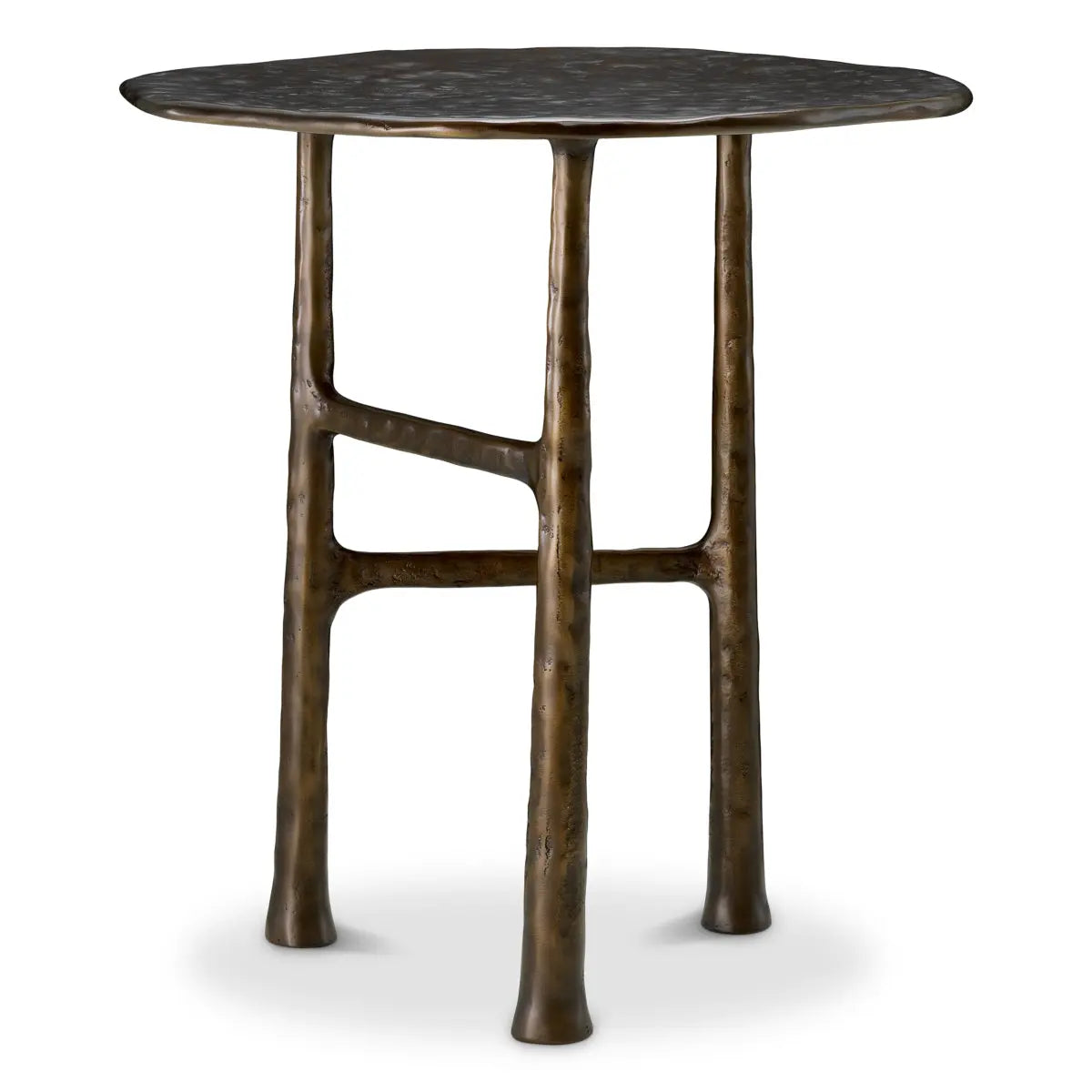 Side Table Amboise Bronze Finish, shown in bronze and dark brown with cast metal and three-legged freestanding base.