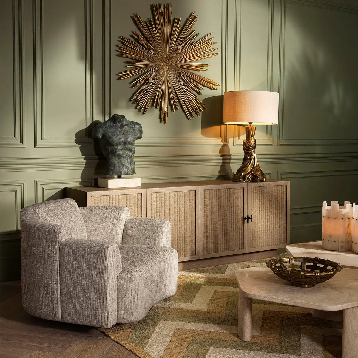 Alternate view of Dresser Borchard Washed Oak Veneer in light washed oak and natural beige rattan.
