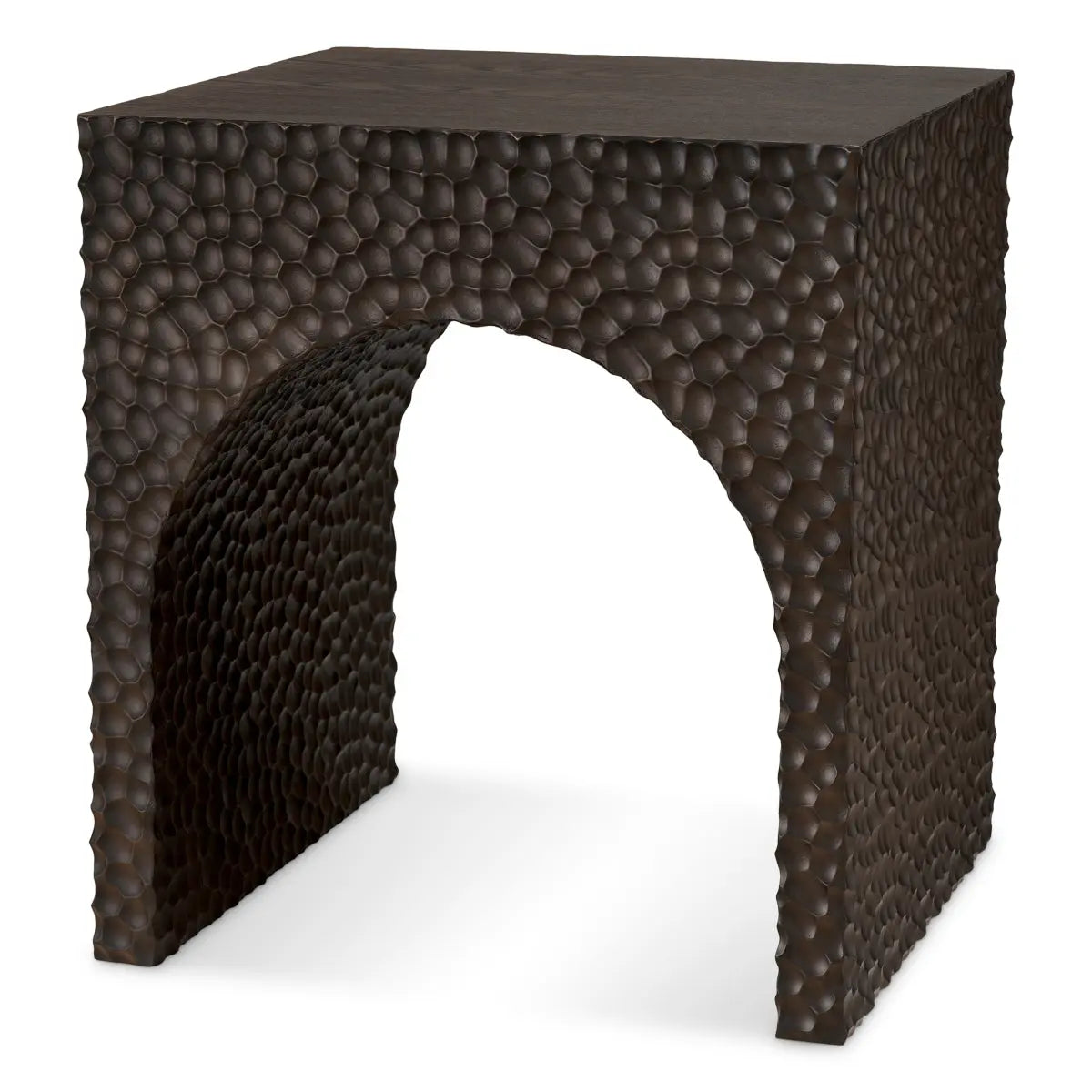 Side Table Caldera Ebony Oak Veneer, shown in ebony and dark brown with oak veneer, wood, and open arched base clearance.