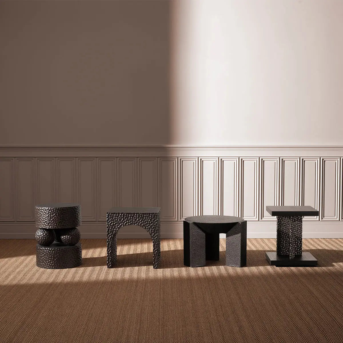 Alternate view of Side Table Caldera Ebony Oak Veneer in ebony and dark brown with rectangular block with large arched void.
