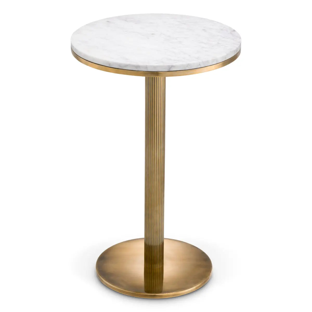 Side Table Tavolara Vintage Brass Finish White Marble, shown in white and brass gold with marble, metal, and a pedestal base.