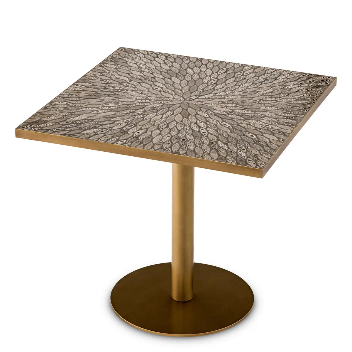 Alternate view of Dining Table Declan Square Antique Brass Finish, featuring metal, ceramic, and a single pedestal base.