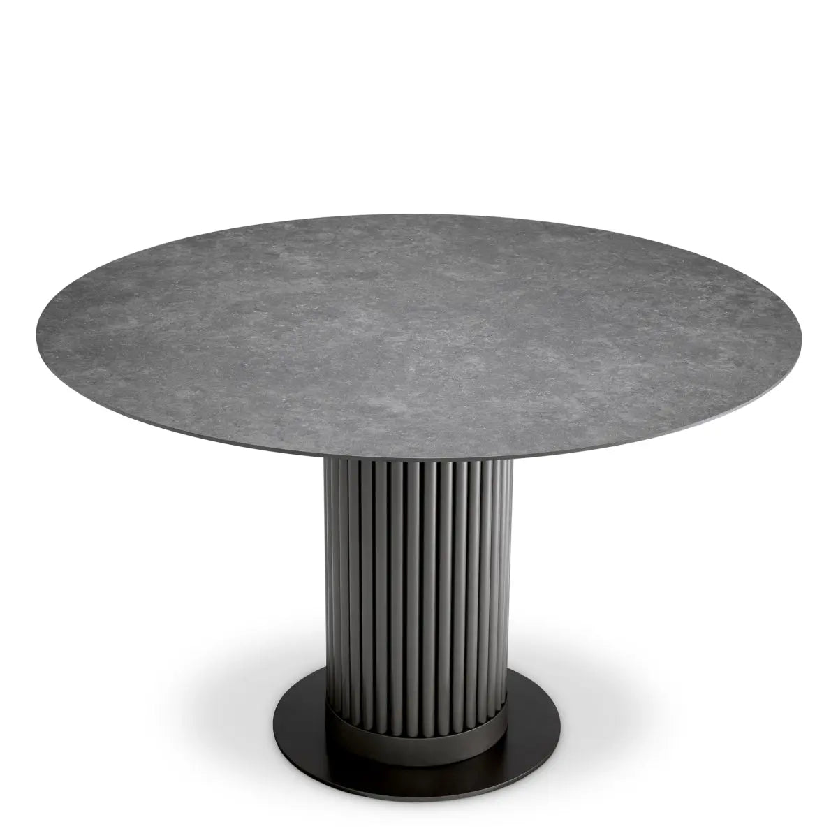 Outdoor Dining Table Volterra Round Bronze Finish Grey Ceramic, shown in grey and charcoal with ceramic and metal.
