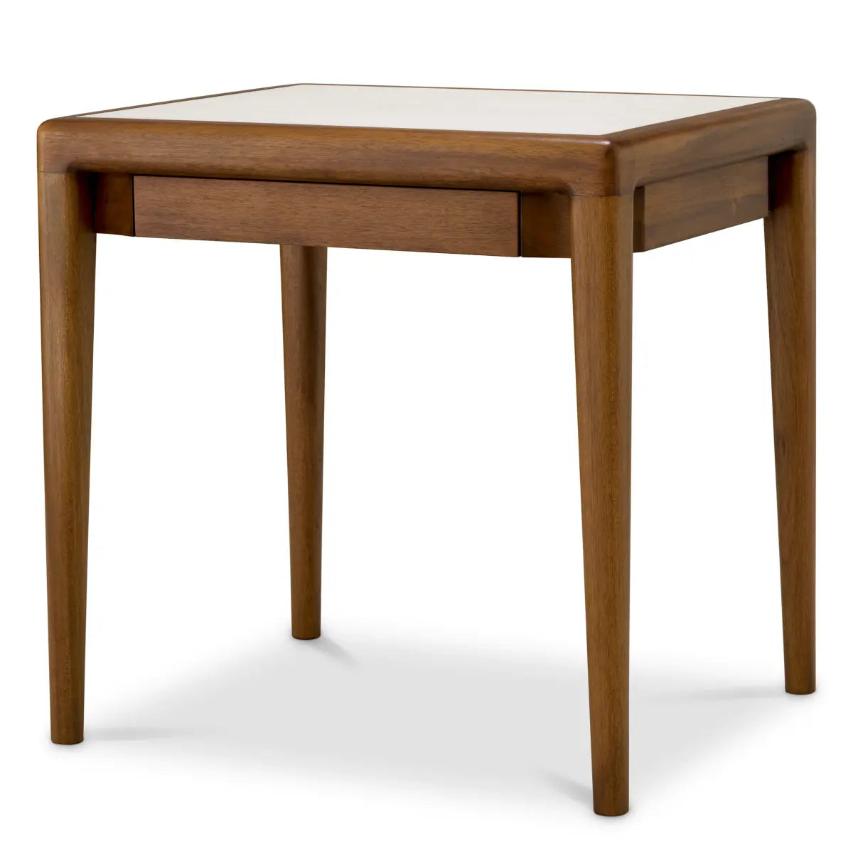 Side Table Hensley Square Mahogany Wood Caramel Finish Beige Marble, shown in caramel brown and beige with wood and marble.