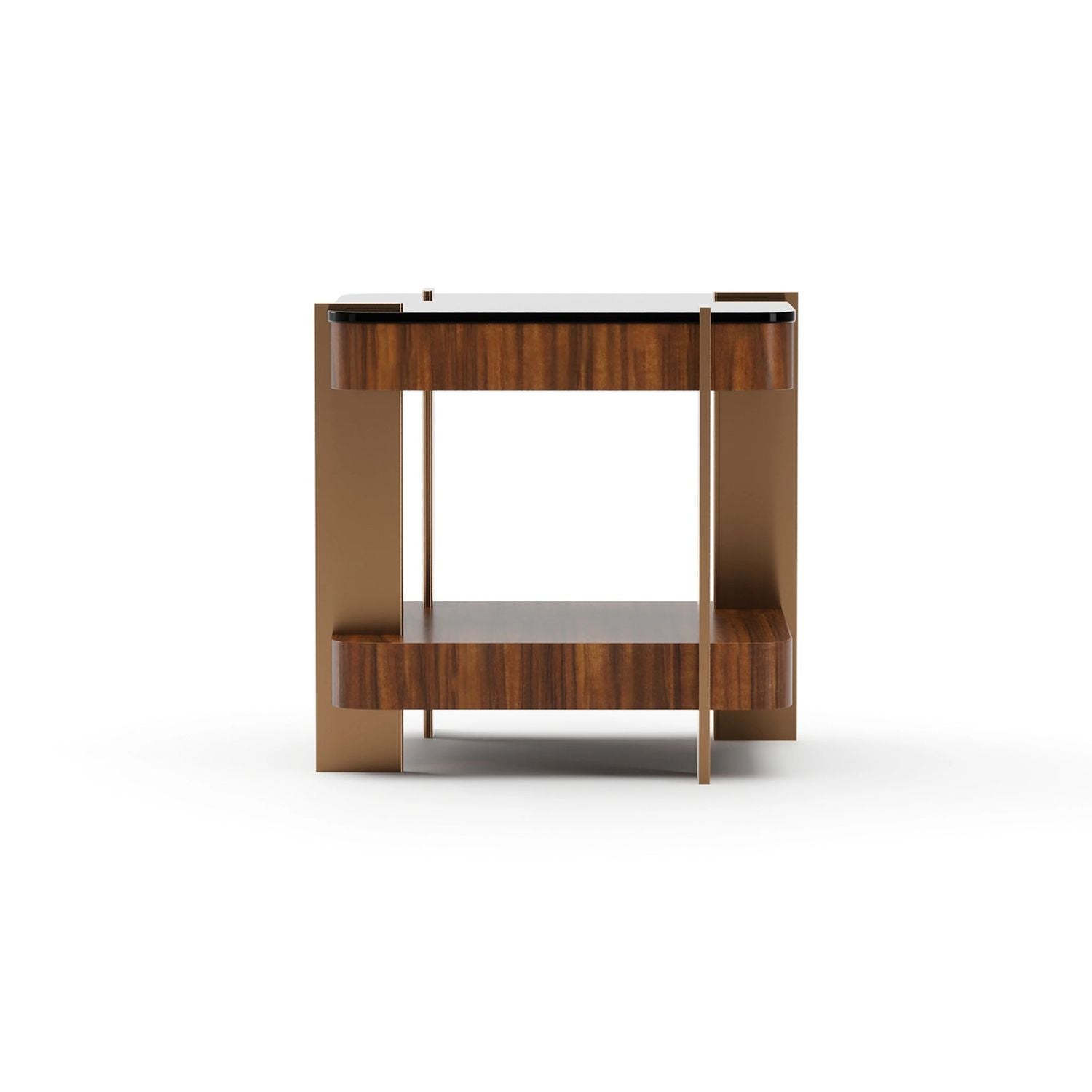 Altura Glass Top Side Table, shown in warm walnut brown and bronze gold with wood veneer, metal, and two-tier open shelving.