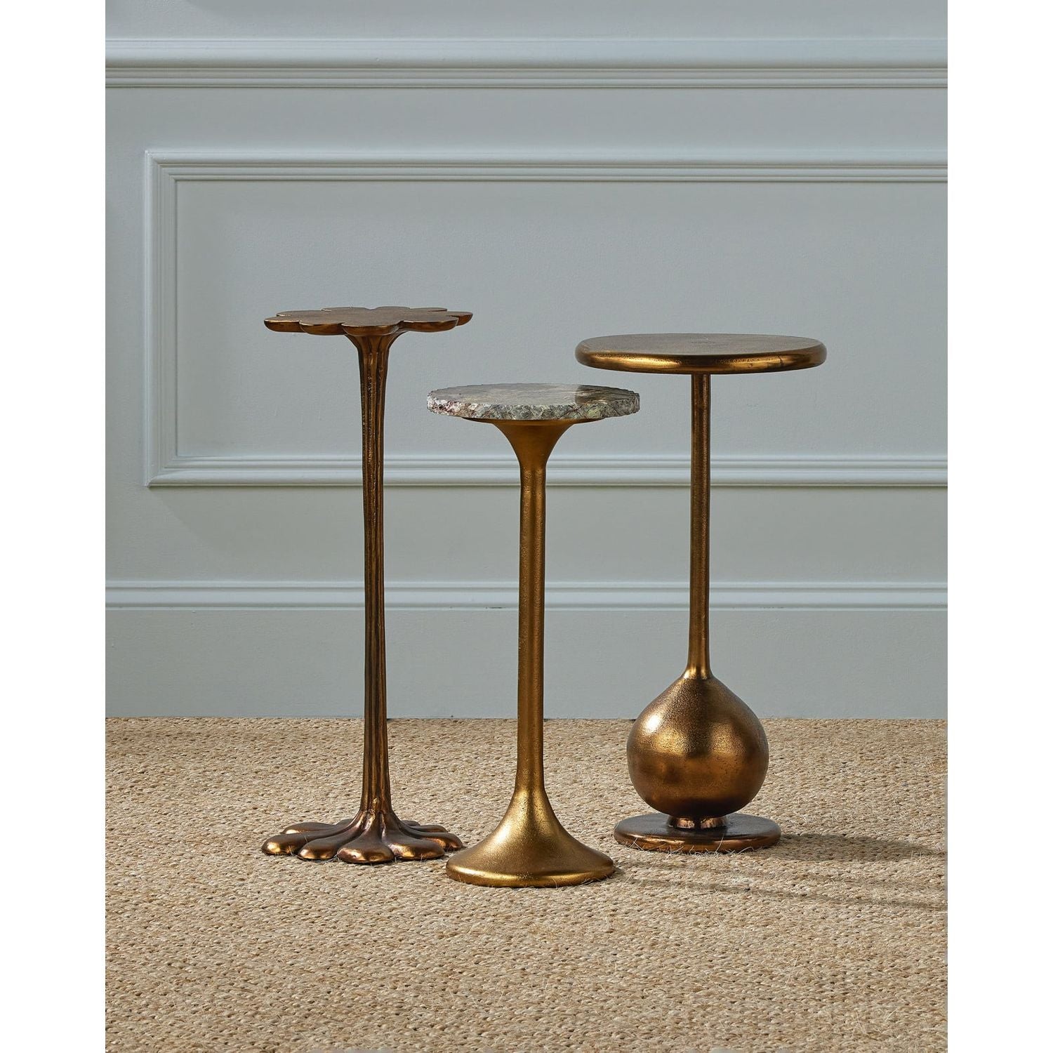 Alternate view of Wilderness Drinks Table, featuring live-edge natural stone, marble, cast aluminum, and fixed pedestal base.