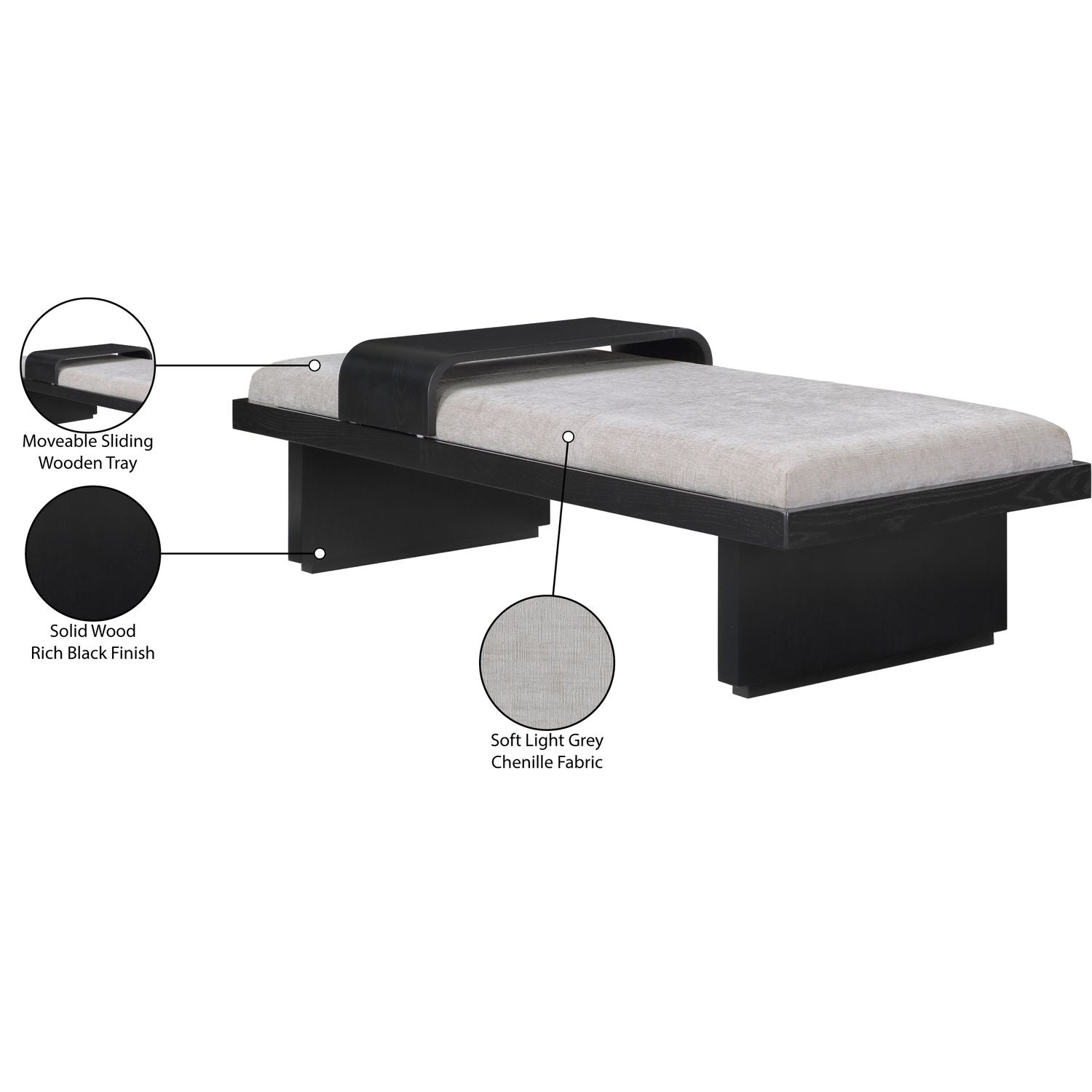 Arlington Chenille Fabric Upholstered Bench — Grey / Black
