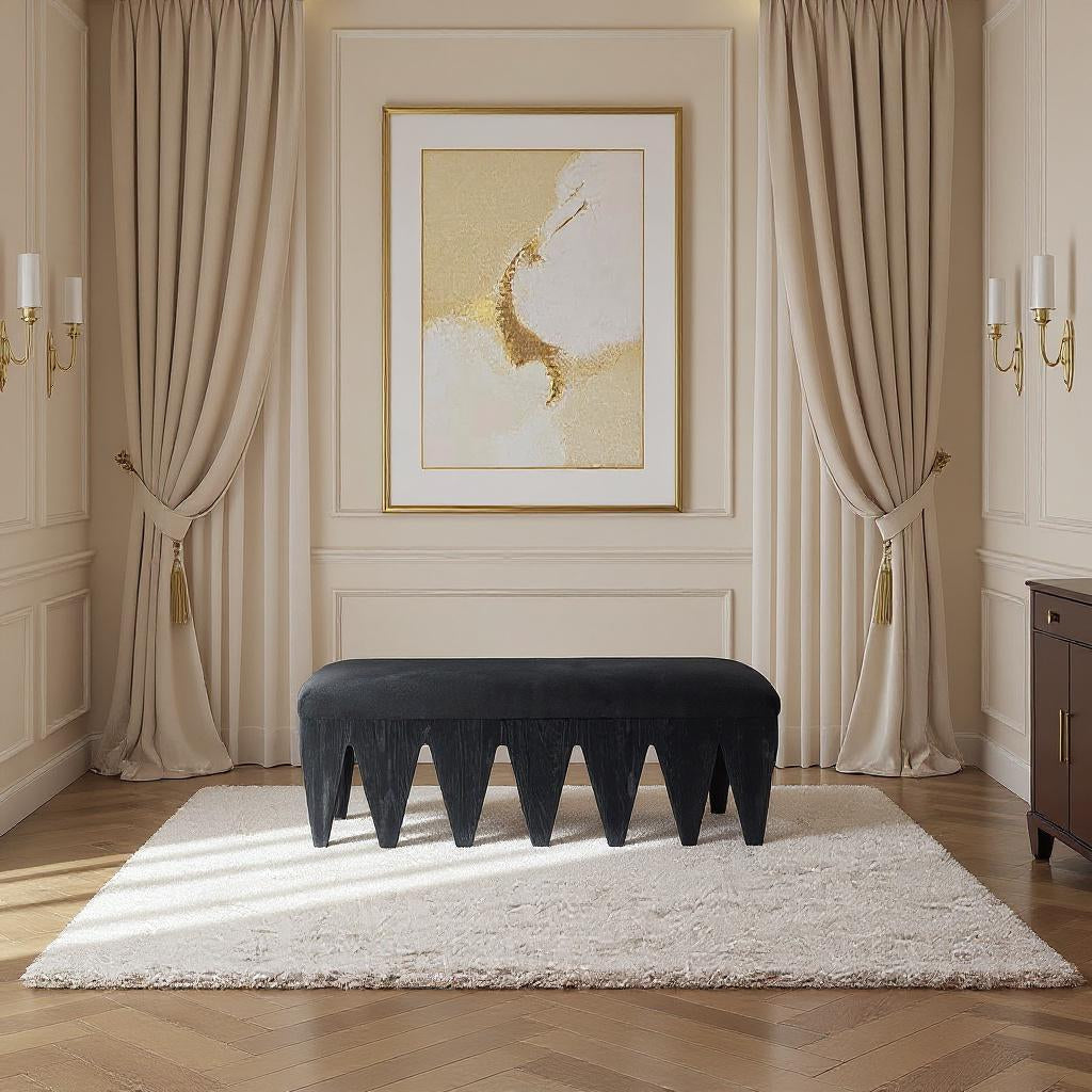 Altair Velour Fur Fabric Upholstered Bench — Black / Black