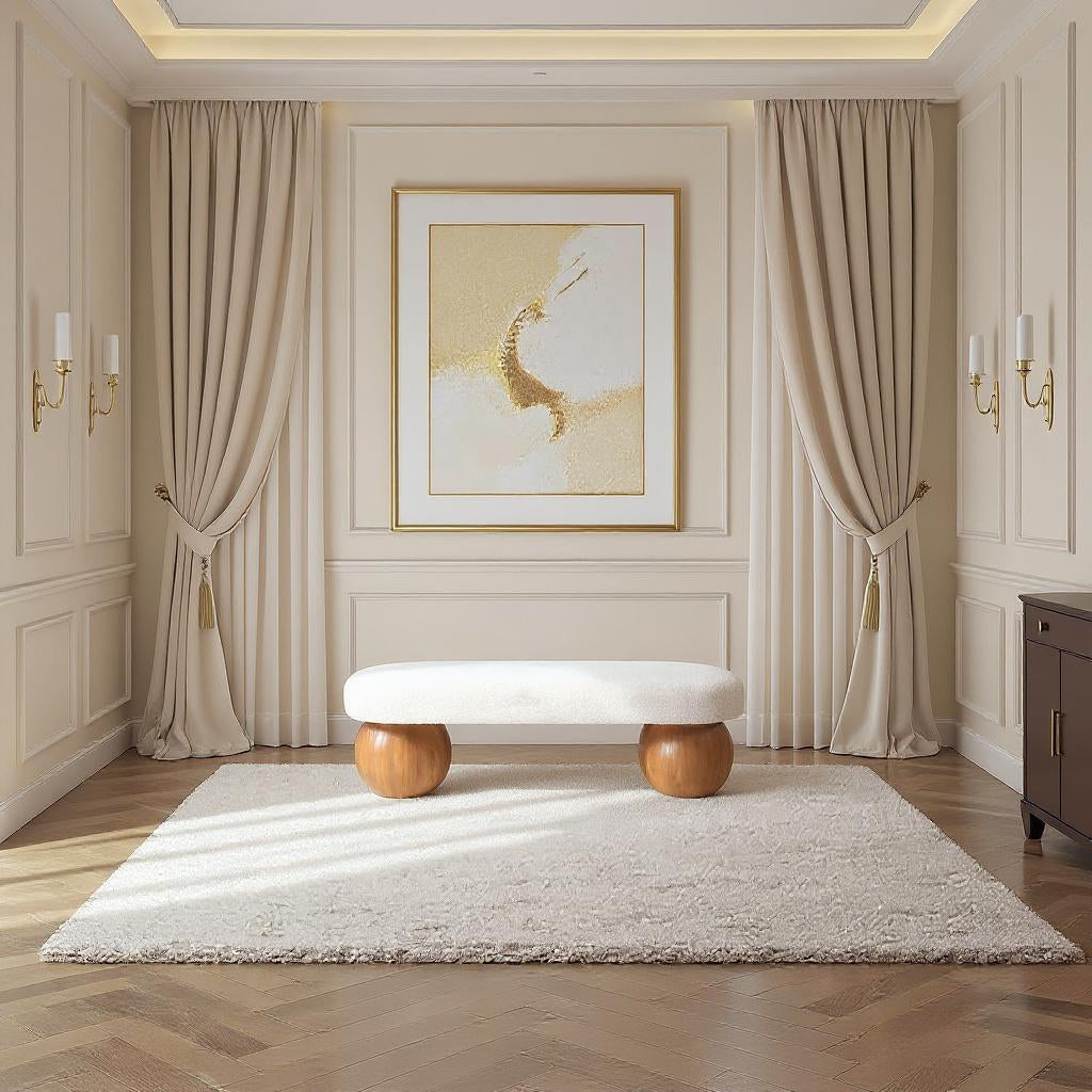 Bowie Boucle Fabric Upholstered Bench — Cream / Walnut
