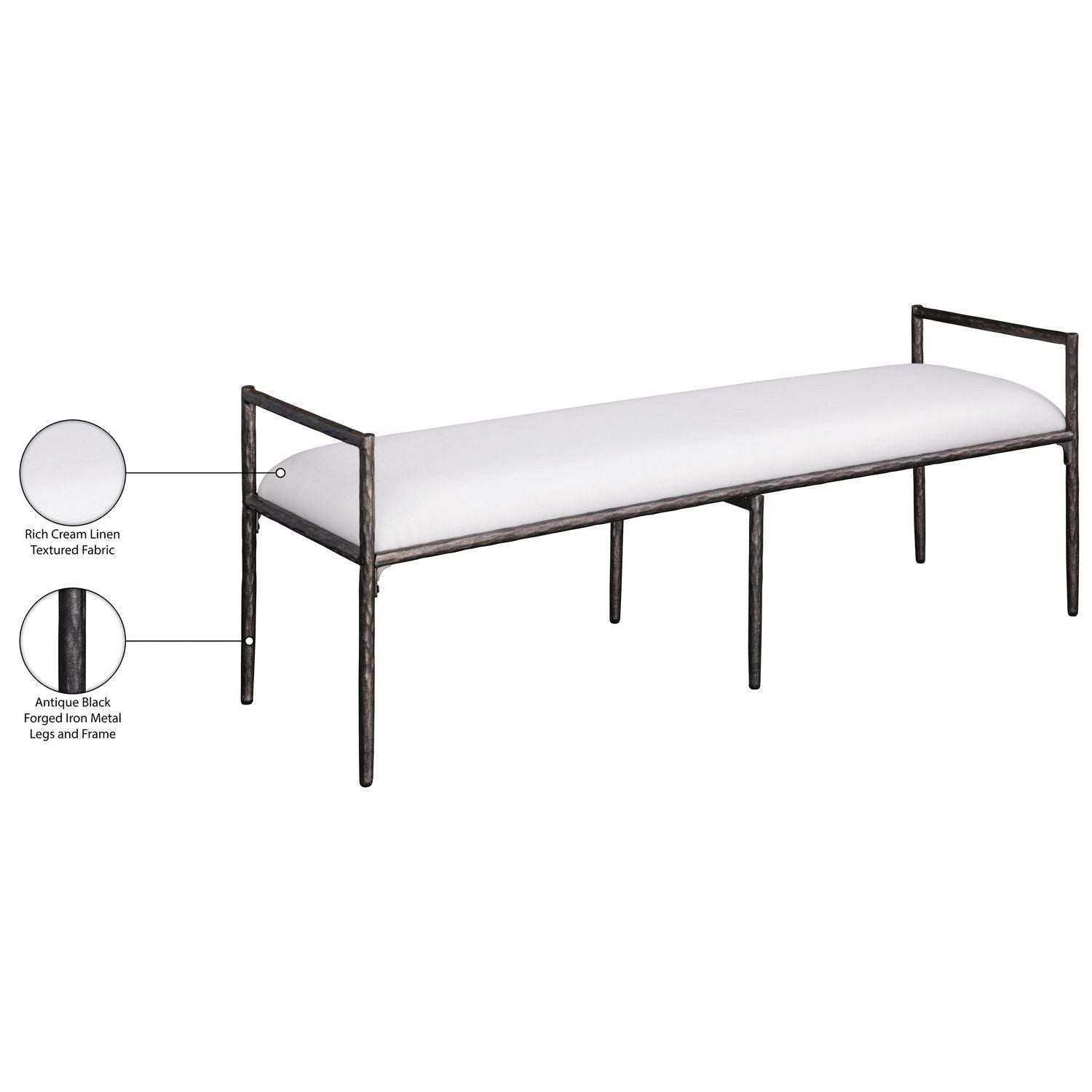 Axis Linen Textured Fabric Upholstered Bench — Cream / Powder Coated Antique Black