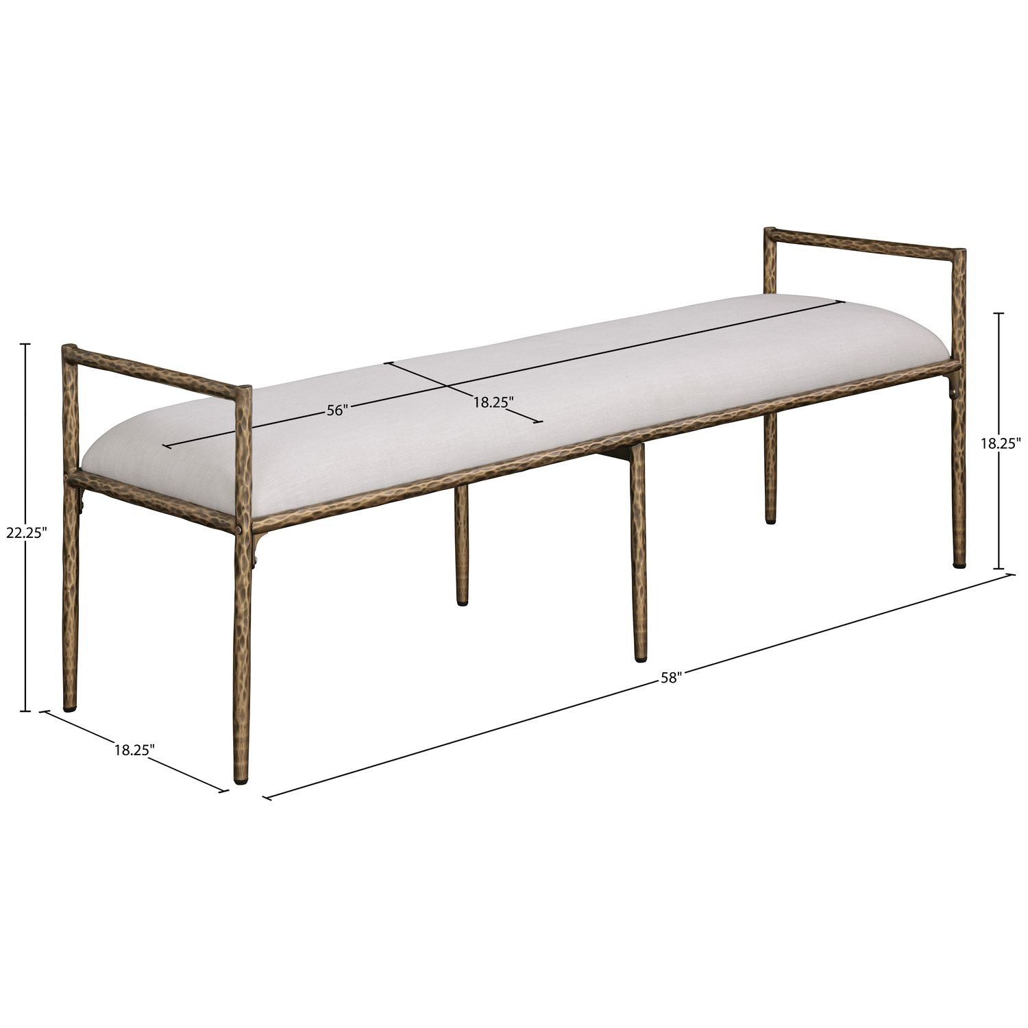 Axis Linen Textured Fabric Upholstered Bench — Beige / Powder Coated Brushed Brass