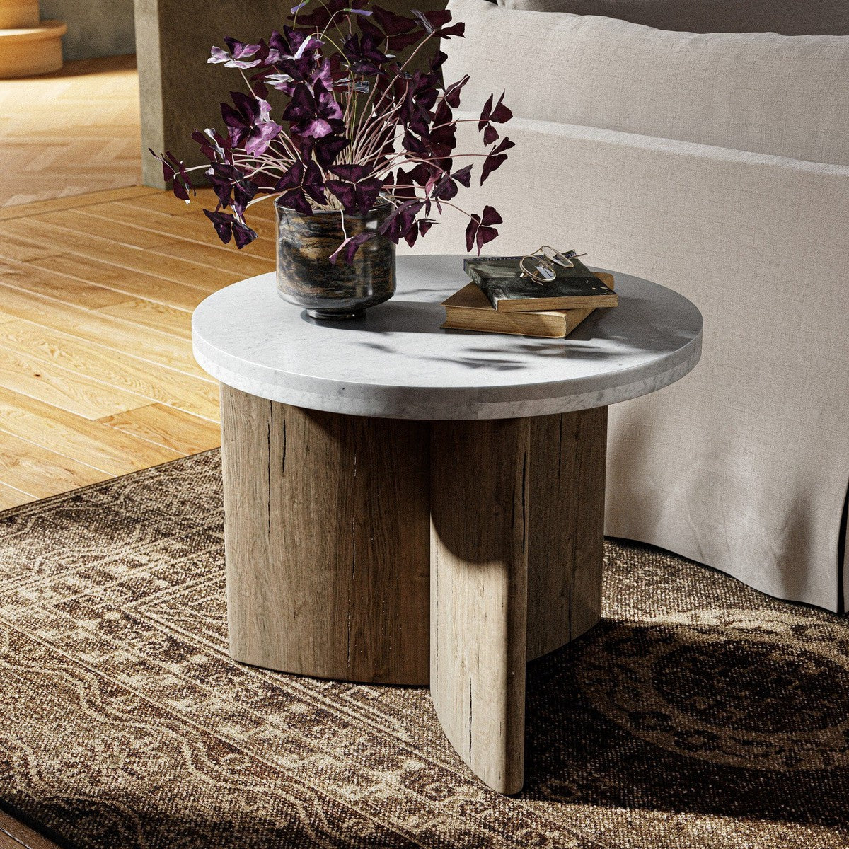 Toli End Table - Italian White Marble & Rustic Grey