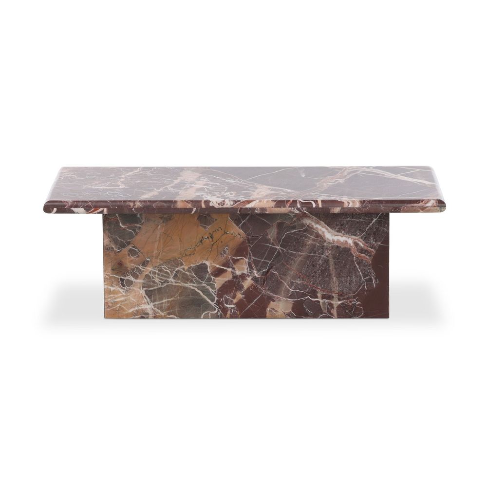 Arum Coffee Table, shown in merlot and burgundy with marble and a solid pedestal base.
