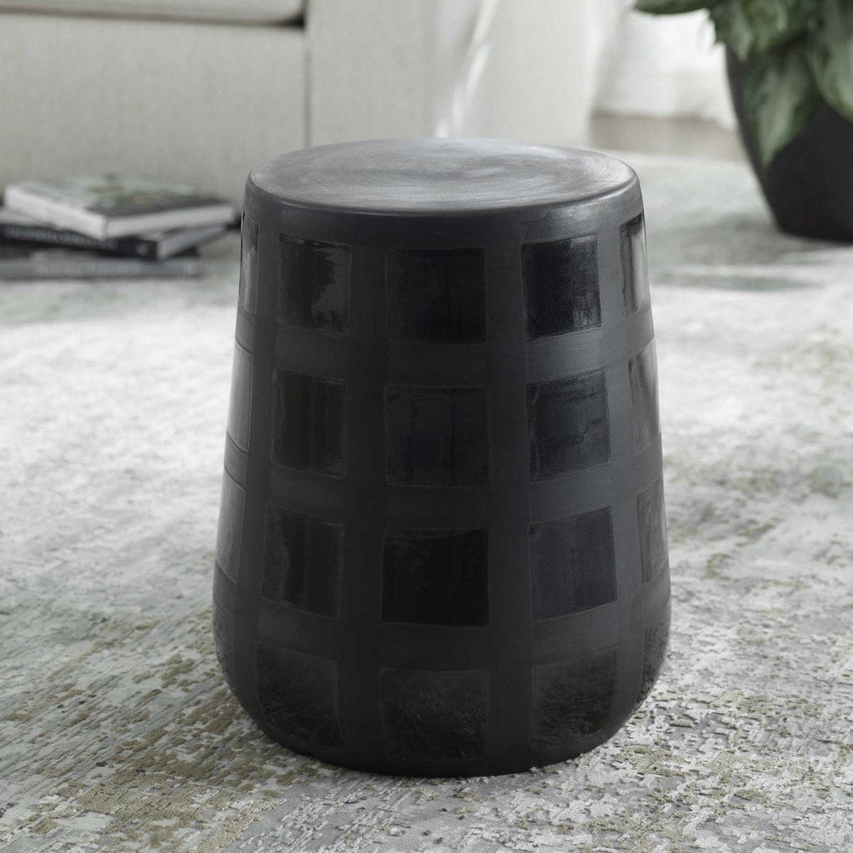 Uttermost Patchwork Gridded Black Garden Stool-Uttermost-UTTM-22987-Stools & Ottomans-1-France and Son