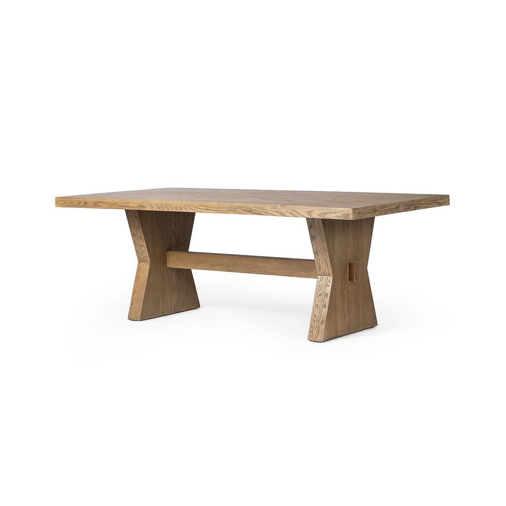 Additional view of Tia Dining Table 84" in light brown and natural oak, featuring drifted oak finish and a trestle base.