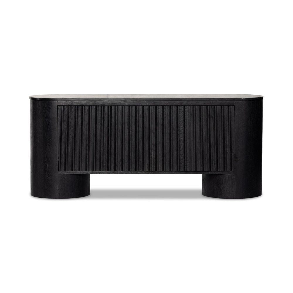 Domenico Media Console, shown in black with oak wood/veneer, marble, and enclosed dual-door cabinet storage.