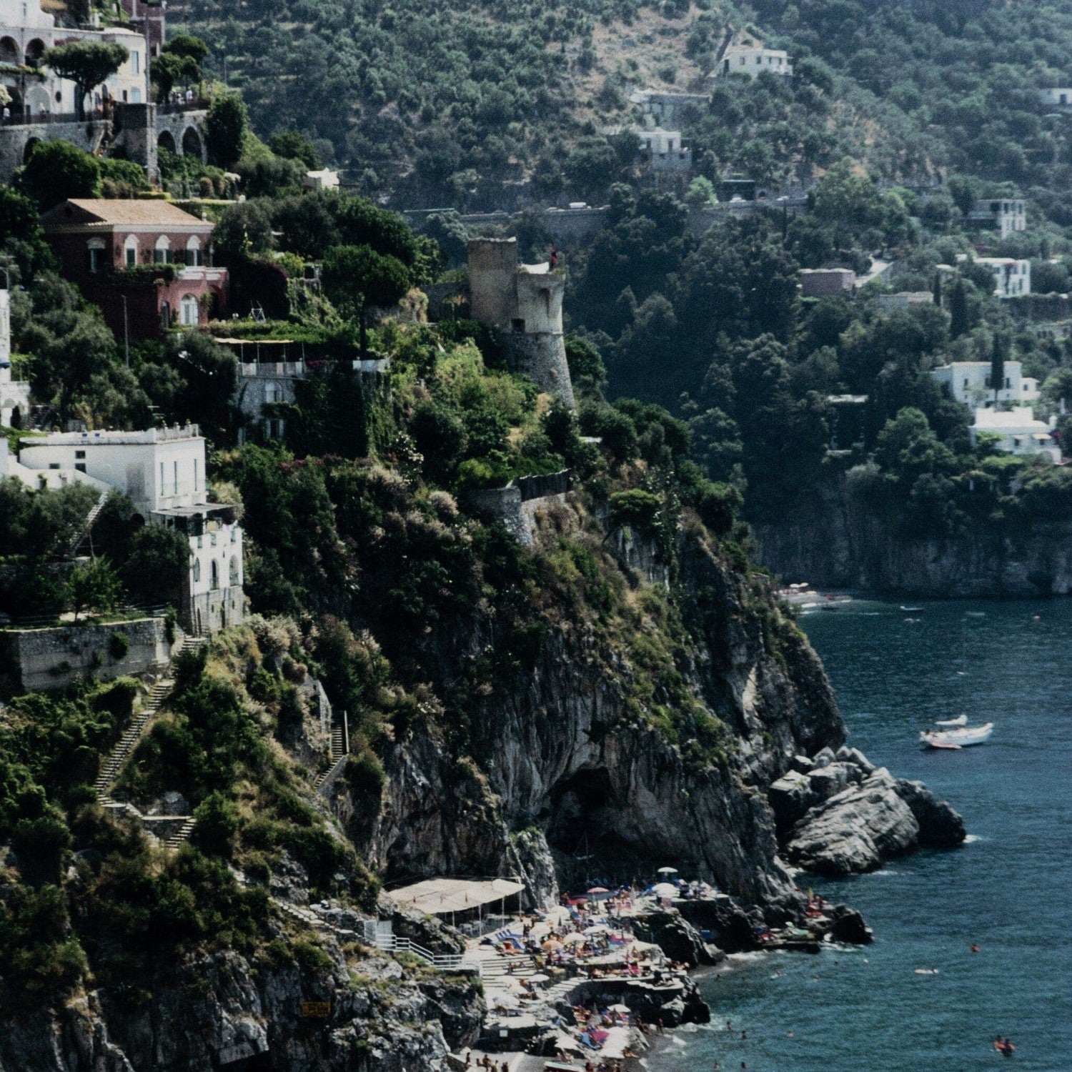 Beach In Positano by Slim Aarons - White Maple Floater