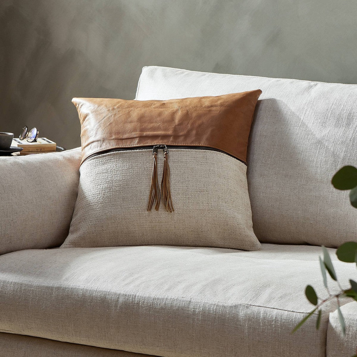 Leather and Linen Block Pillow - Thames Cream