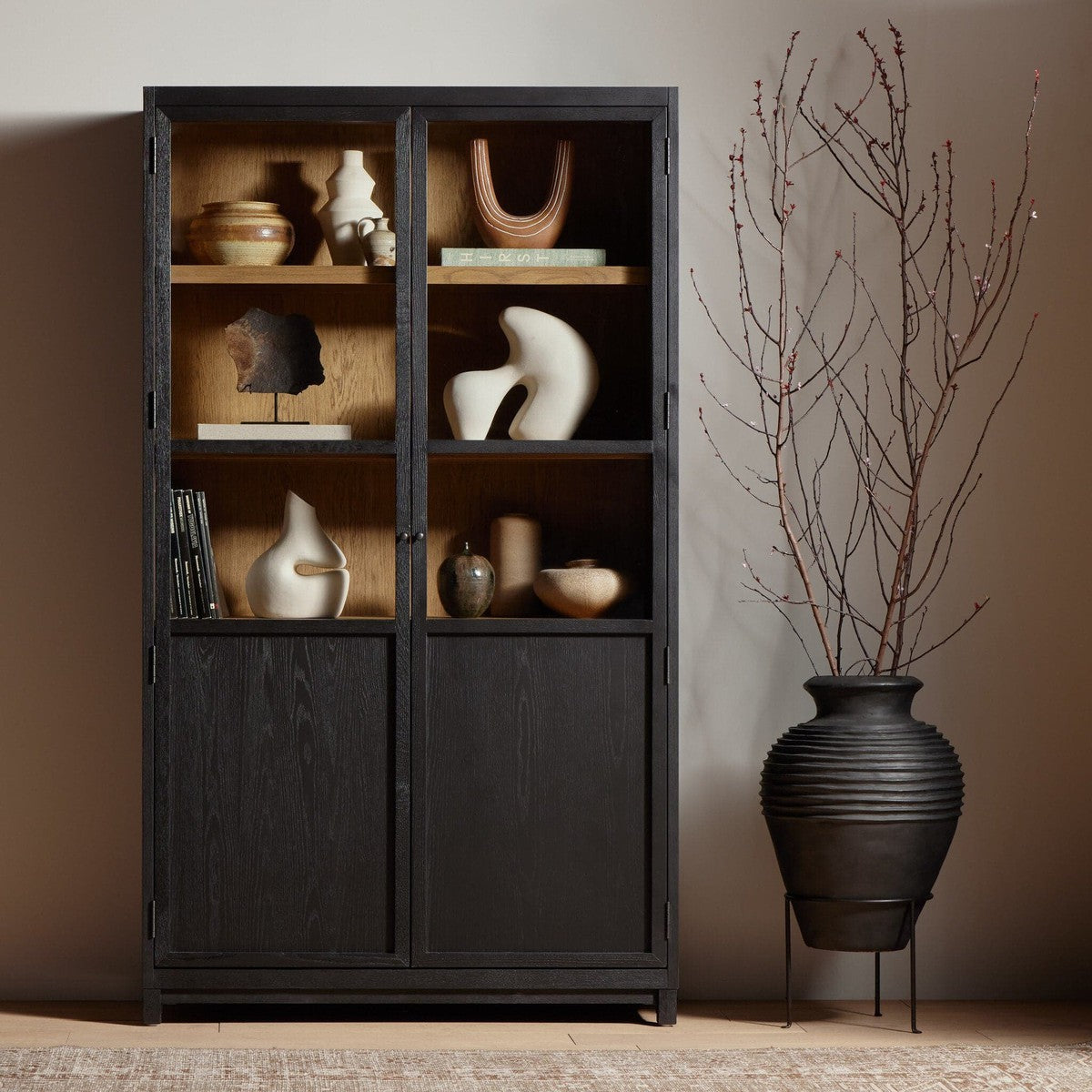 Millie Panel and Glass Door Cabinet - Drifted Matte Black