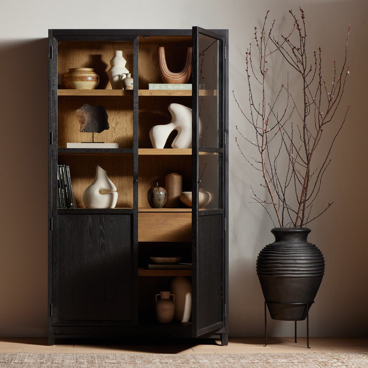 Millie Panel and Glass Door Cabinet - Drifted Matte Black