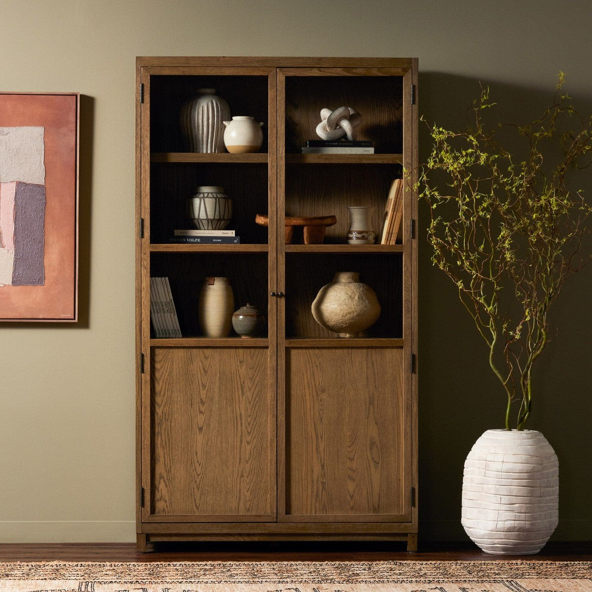 Millie Panel and Glass Door Cabinet - Drifted Oak Solid