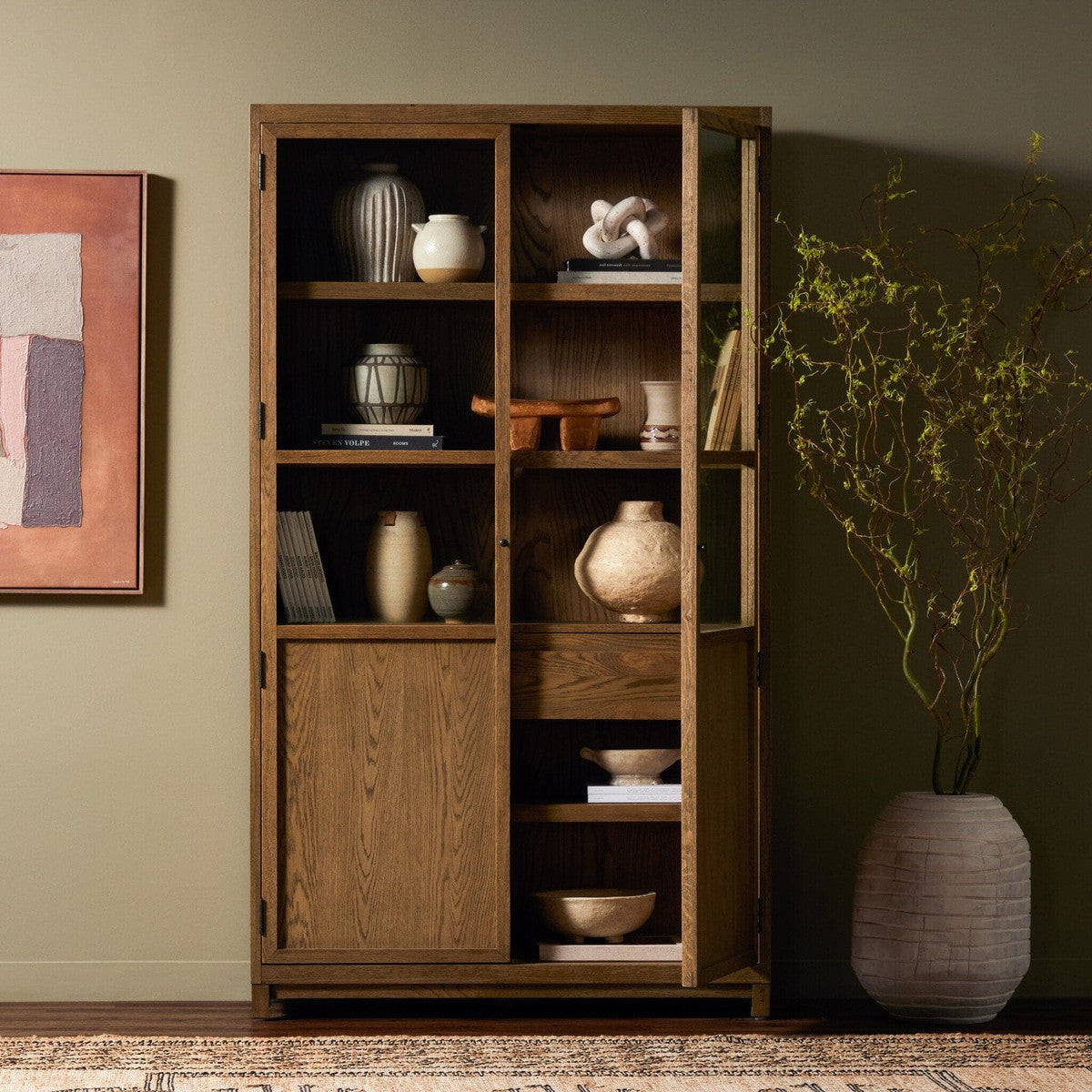 Millie Panel and Glass Door Cabinet - Drifted Oak Solid