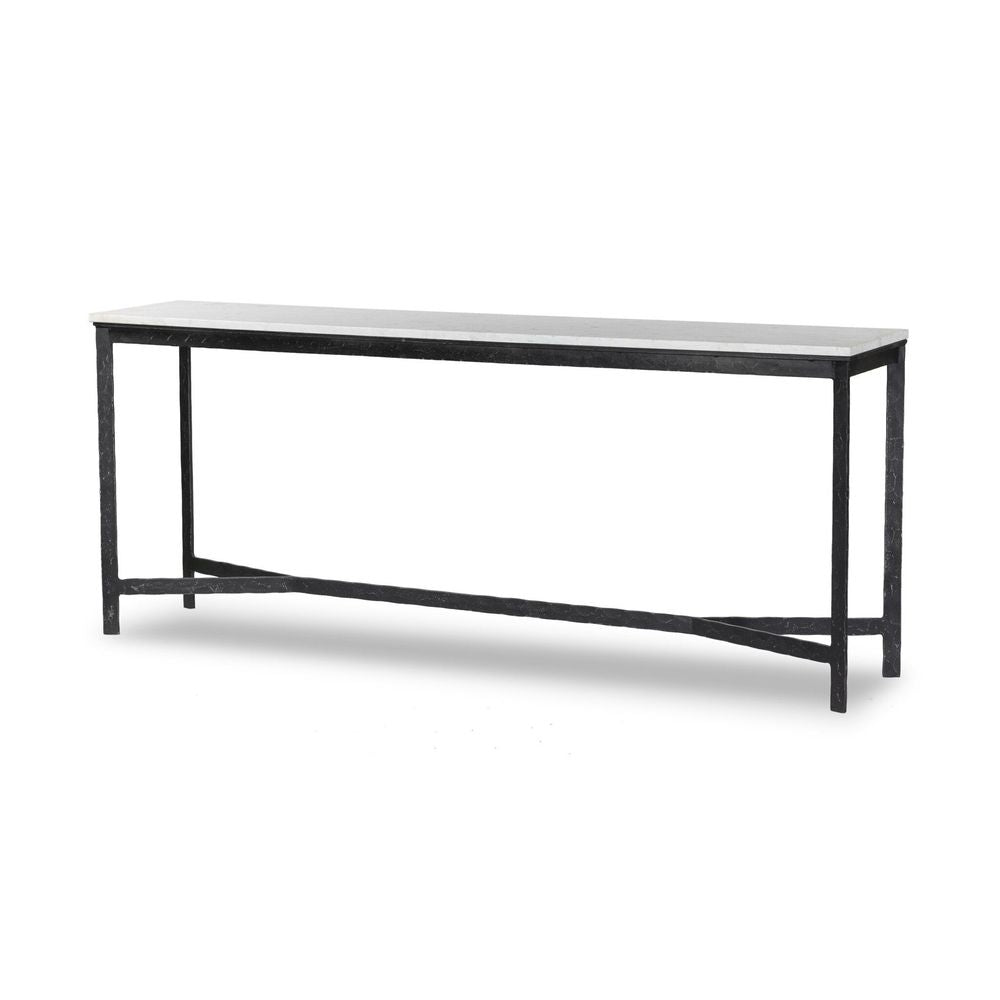 Hammered Iron Console Table, shown in white and black with marble, iron, and open lower frame with x-stretcher.