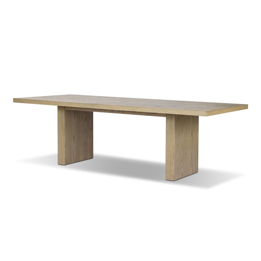 Alternate view of Torrington Dining Table, featuring resawn finish, oak wood, solid wood, and fixed dual pedestal base.