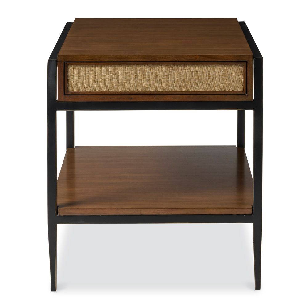 Raffia Rectangular Side Table, shown in medium walnut brown and black with wood and metal.