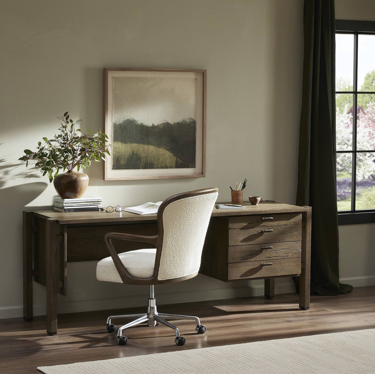 Marcela Desk - Grey Reclaimed French Oak - Grey, Brass