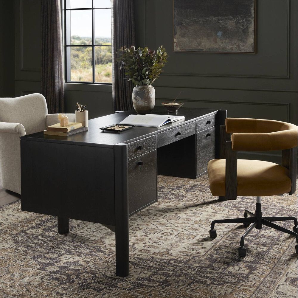 Alternate view of Reza Desk, featuring matte finish, solid wood, parawood, and central kneehole for seated work.