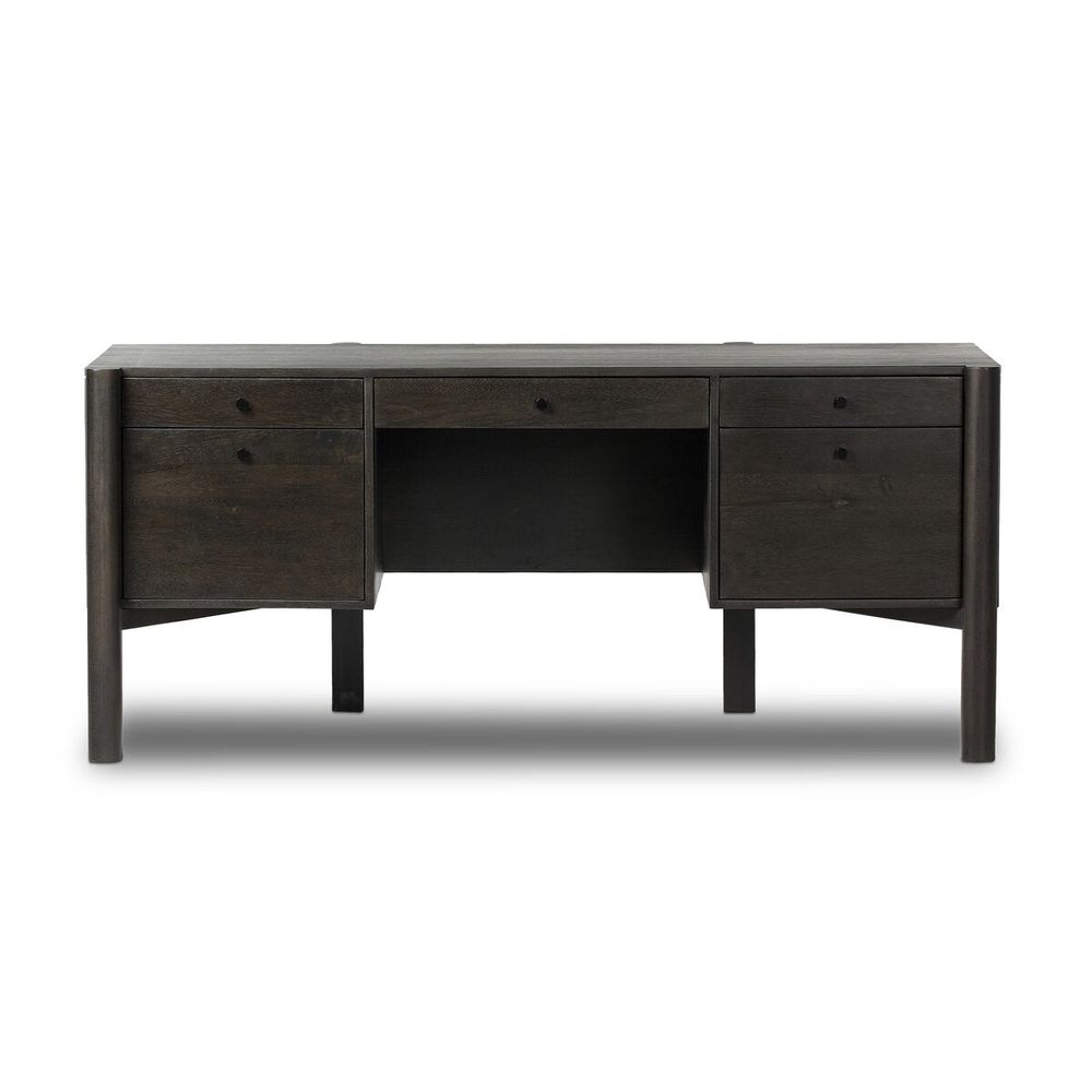 Reza Desk, shown in dark charcoal brown and near-black with solid wood, parawood, and central kneehole for seated work.