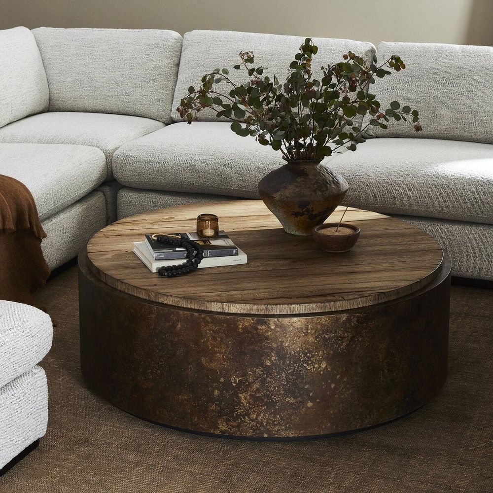 Alternate view of Kipp Coffee Table, featuring sun-bleached finish, oak wood, aluminum, and a solid drum base.