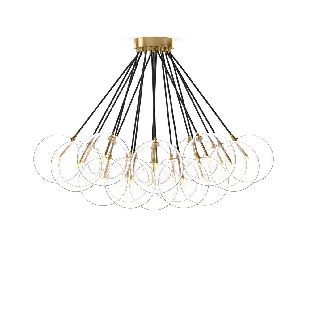 Alternate view of Nimbus Chandelier, featuring matte black cord, glass, brass, and a ceiling-mounted canopy.