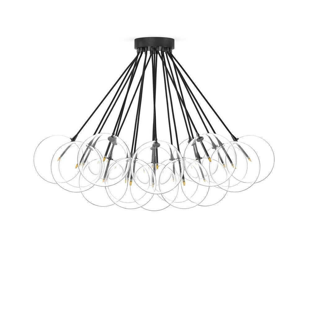 Nimbus Chandelier, shown in clear and black with glass, metal, and a ceiling-mounted canopy.