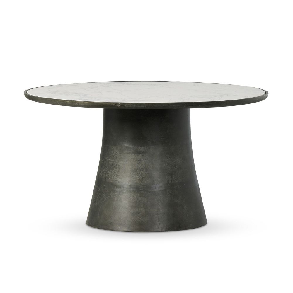 Balboa Outdoor Dining Table, shown in white and charcoal gray with marble, cast metal, and a central pedestal base.