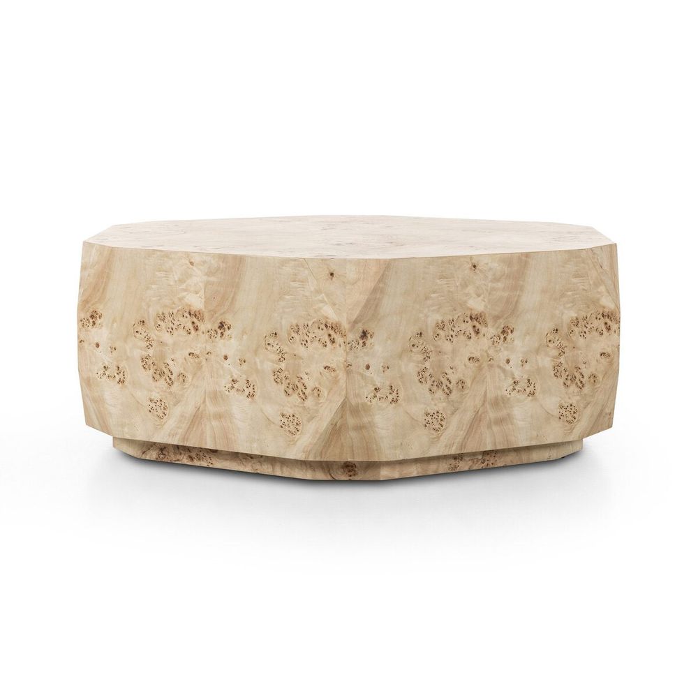 Alternate view of Elena Coffee Table in cream and blonde with low faceted multi-sided drum with recessed plinth base.