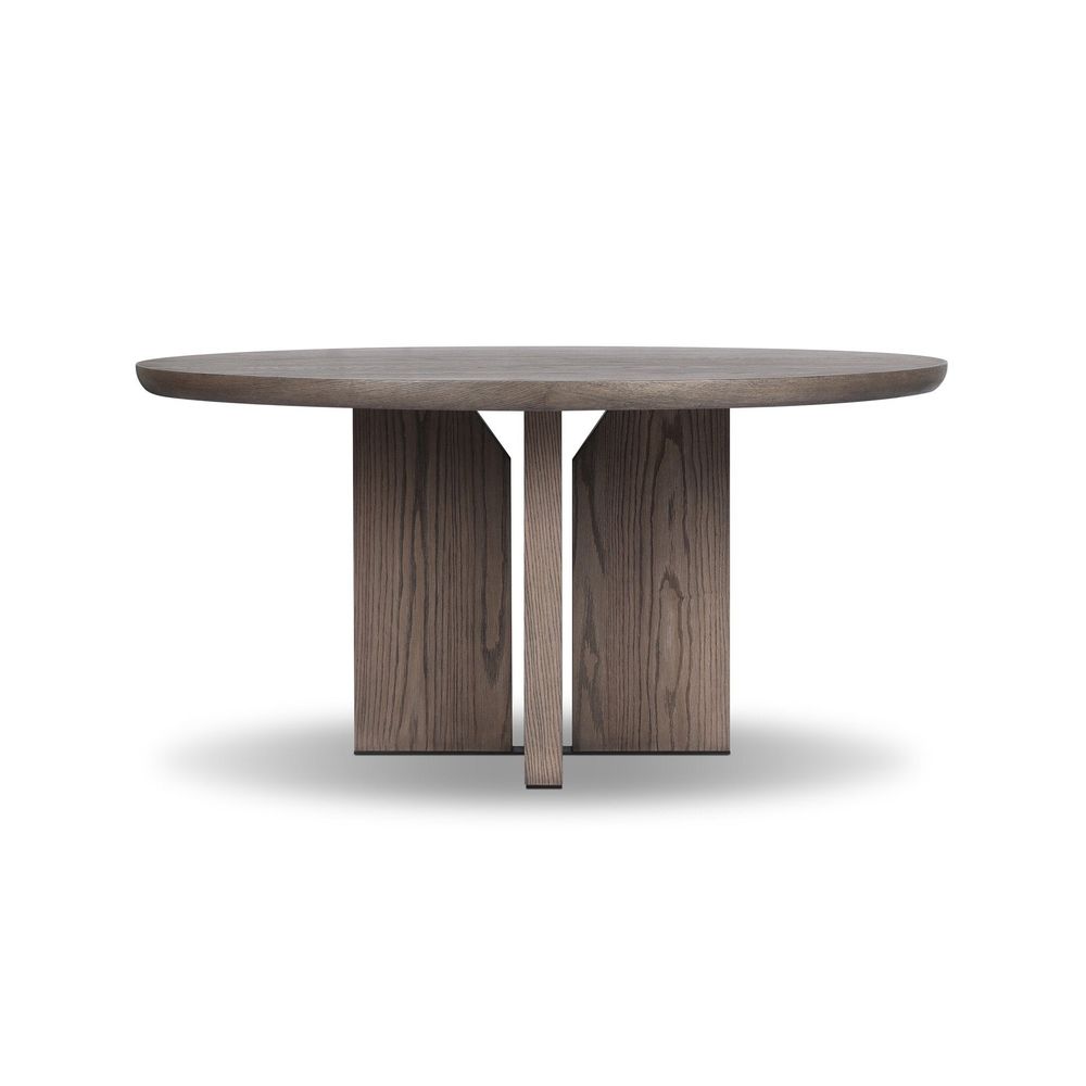 Ernest Round Dining Table, shown in shale grey and warm grey-brown with oak veneer, wood, and a round dining surface.