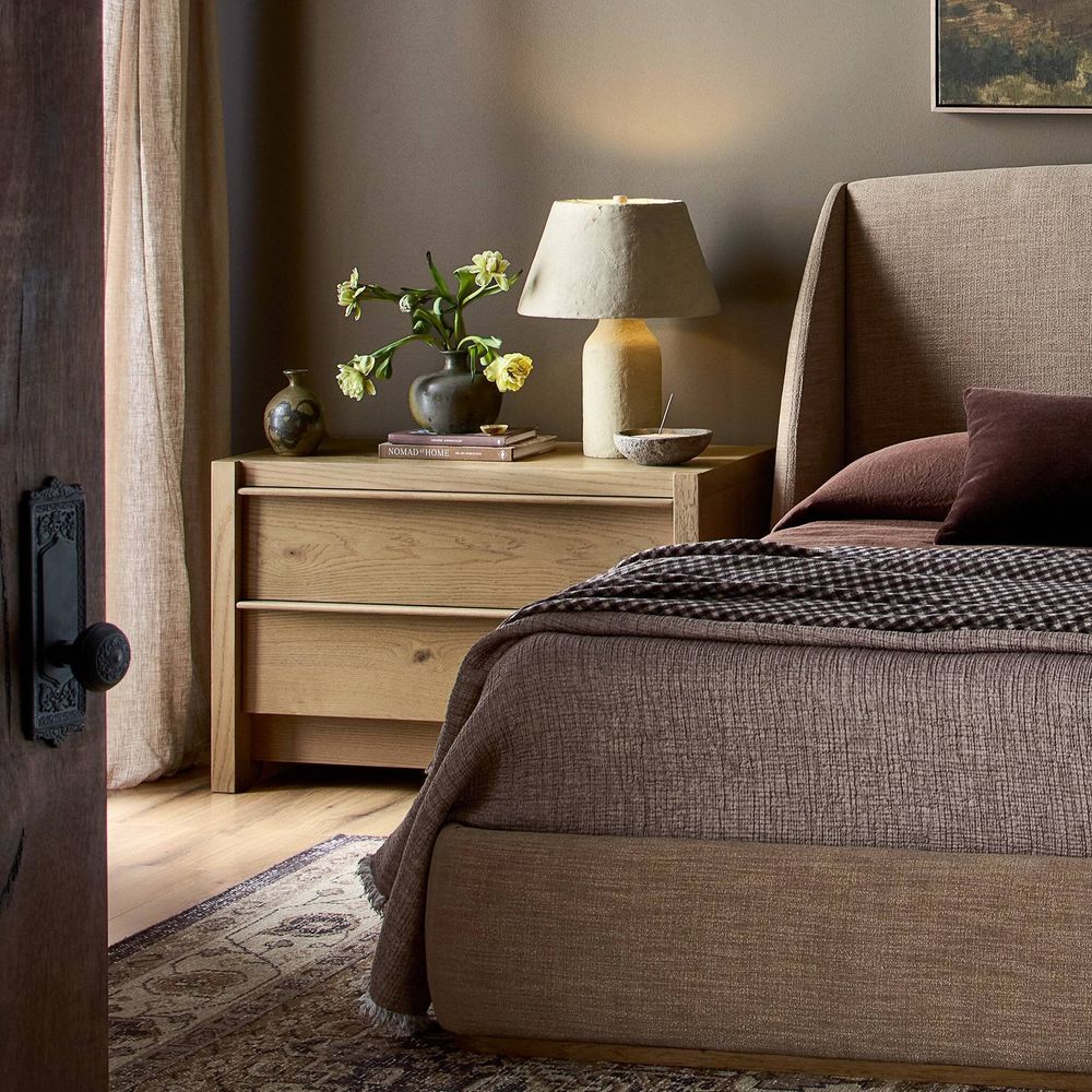 Additional view of Aramis Nightstand in light natural oak and warm sandy beige, featuring two full-width drawers.