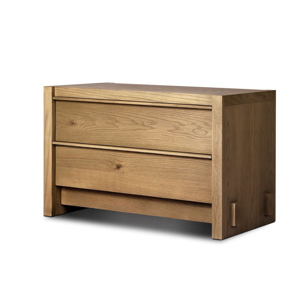 Aramis Nightstand, shown in light natural oak and warm sandy beige with oak veneer and engineered wood.