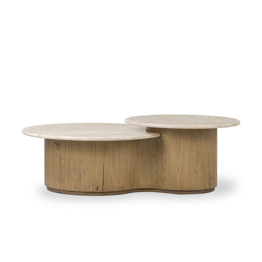 Toro Coffee Table, shown in light oak beige and warm cream with marble, wood, and two-tier offset circular surfaces.