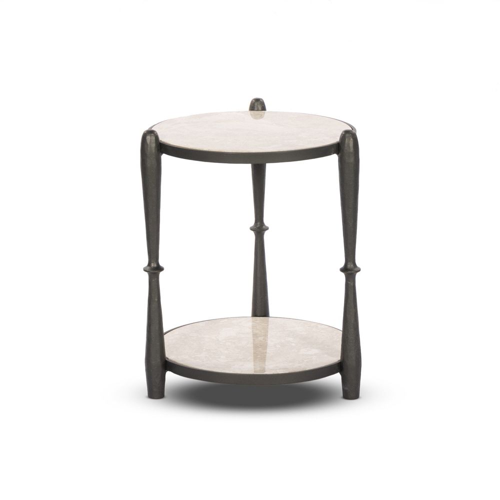 Ruthie End Table, shown in ivory and gunmetal gray with marble, metal, and dual circular marble shelves.