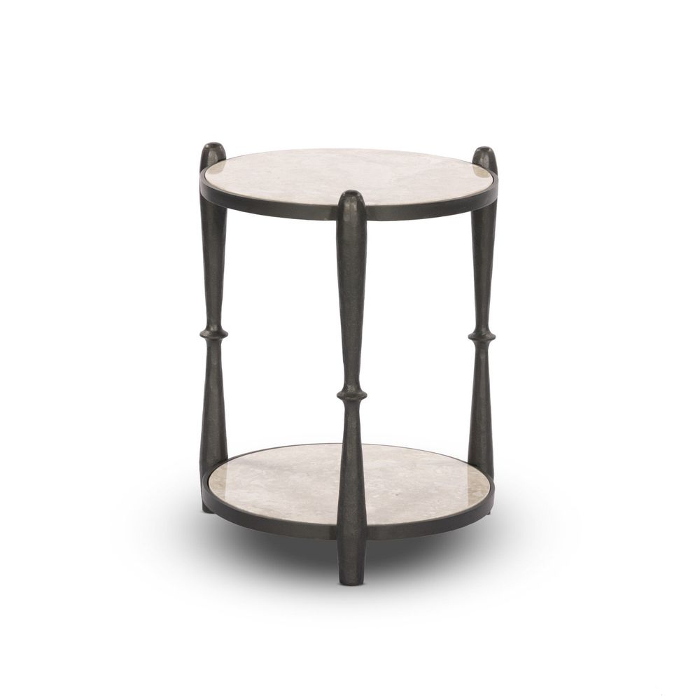 Additional view of Ruthie End Table, featuring polished stone finish, marble, metal, and dual circular marble shelves.