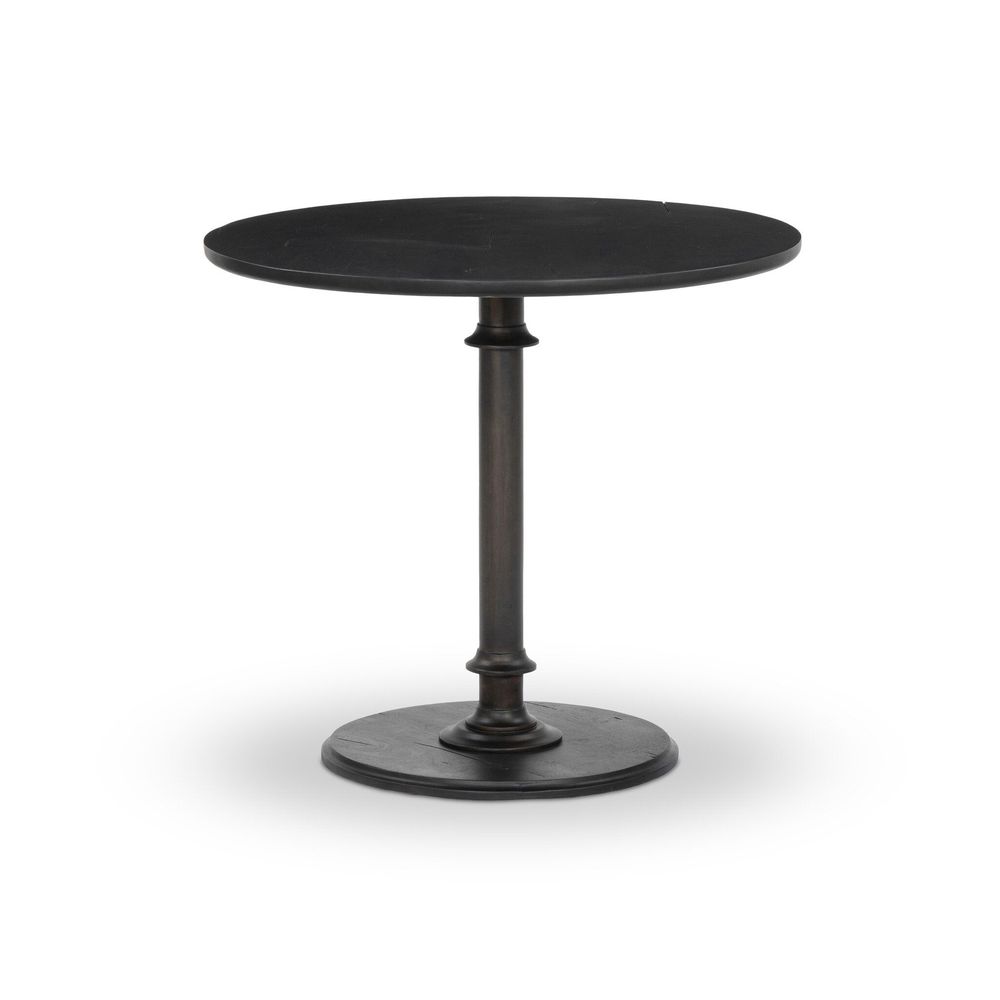 Alternate view of Barron End Table, featuring dark stained finish, reclaimed wood, solid wood, and a central pedestal base.
